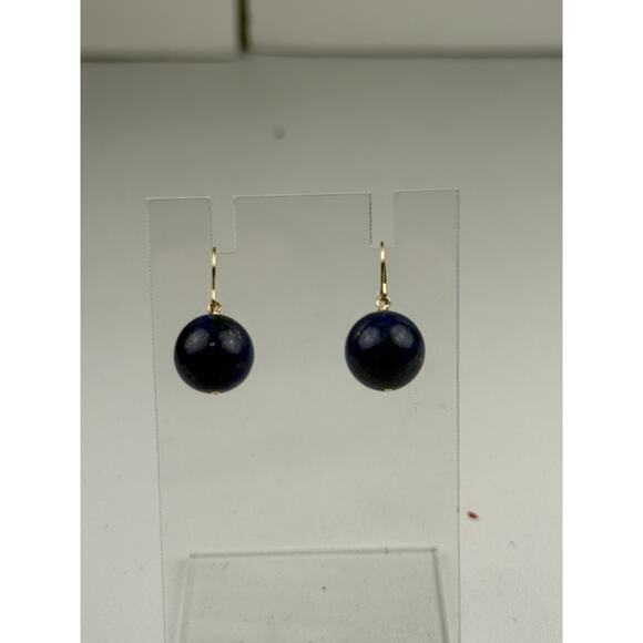 CU 14K Yellow Gold Hook Pierced Earrings Lapis Lazuli Round Drop Stone - Picture 6 of 10